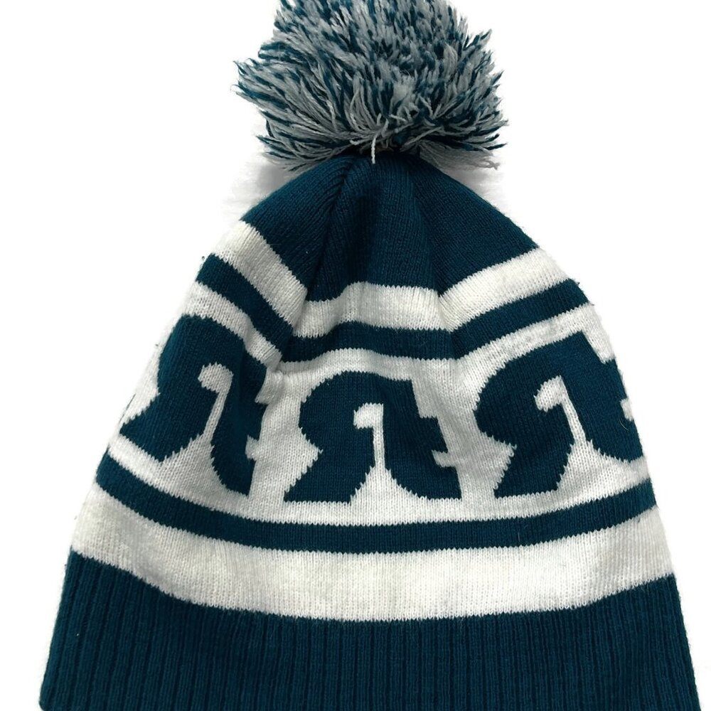 Pom Beanie Green White Reverse R Logo Winter Knit Hat Outdoor Hiking